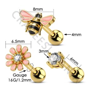 CM Crareesi Mania 3Pcs Cute Bee Cartilage Earrings Pack 316L Stainless Steel Helix Dainty Bee 16G Tragus Conch Gold Cartilage piercing jewelry Pack