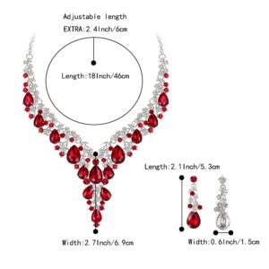 BriLove Women's Wedding Bridal Austrian Crystal Teardrop Flower Cluster Statement Necklace Dangle Earrings Jewelry Set Ruby Color Silver-Tone