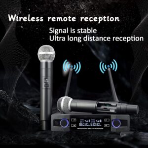 Wireless microphone, dual channel professional cordless dynamic wireless microphone, handheld wireless microphone system for home karaoke, conferences, parties, churches, weddings, parties, 160 ft