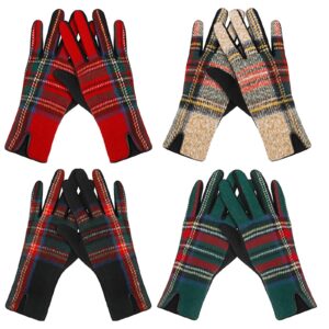 jenpen 4 pairs women plaid winter gloves touch screen plaid pattern gloves tartan fleece thick warm mittens women's cold weather gloves, 4 colors