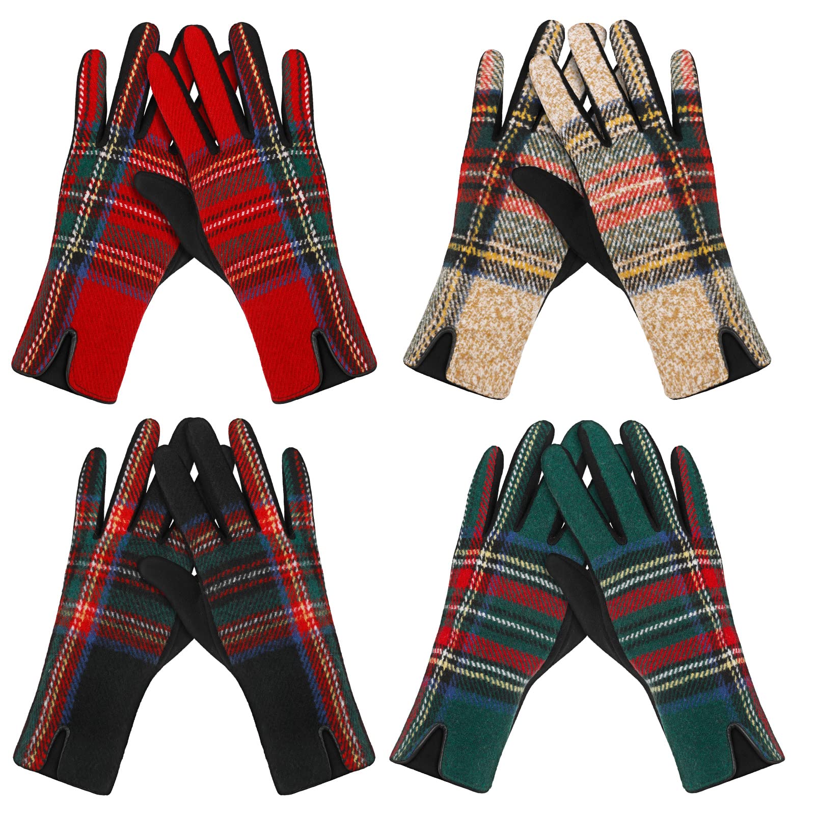 JenPen 4 Pairs Women Plaid Winter Gloves Touch Screen Plaid Pattern Gloves Tartan Fleece Thick Warm Mittens Women's Cold Weather Gloves, 4 Colors