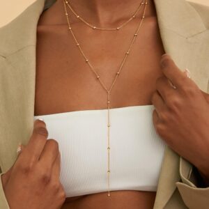 CHESKY Lariat Gold Necklace for Women, Dainty Long Necklace 14k Gold Plated Layered Necklaces Trendy Y-Shaped Bead Pendant Chain Necklace Simple Double Women Gold Necklaces Jewelry Gift Wedding