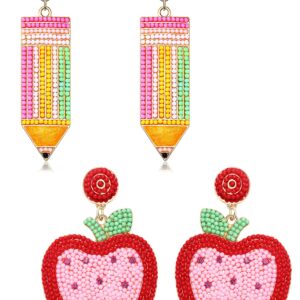 2/3Pairs Teacher Earrings for Women Beaded Pencil Dangle Earrings Statement Apple Book Drop Earrings Teacher Appreciation Gifts Back To School Jewelry Set (2 Pairs 4)