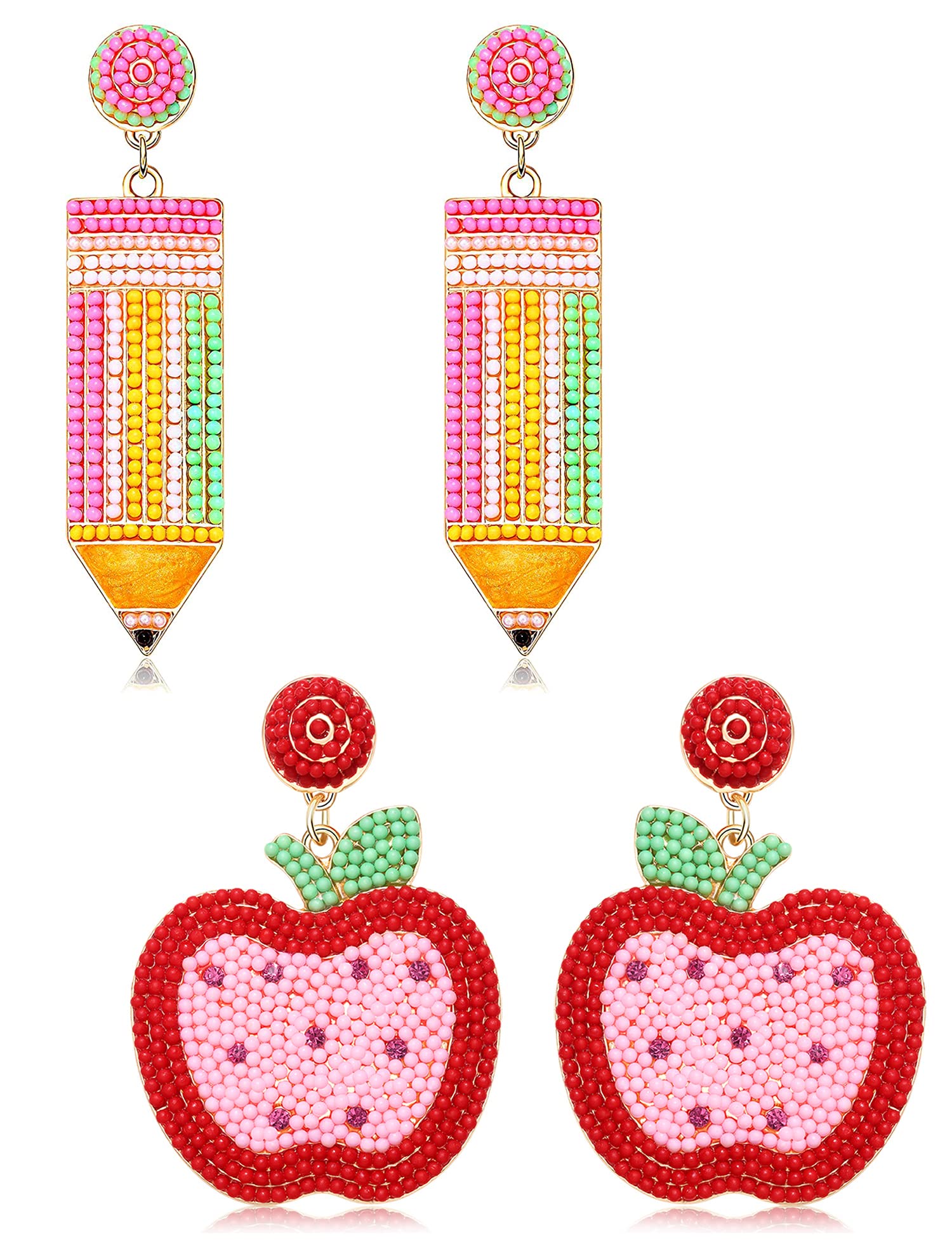 2/3Pairs Teacher Earrings for Women Beaded Pencil Dangle Earrings Statement Apple Book Drop Earrings Teacher Appreciation Gifts Back To School Jewelry Set (2 Pairs 4)