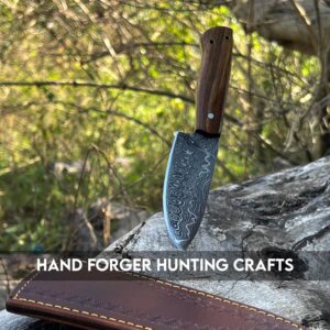 Hand Forger Hunting Crafts 10" Damascus Steel Gut Hook Full Tang Fixed Blade Hunting Knife with Sheath - Stag Horn Antler Handle (Rose Wood)