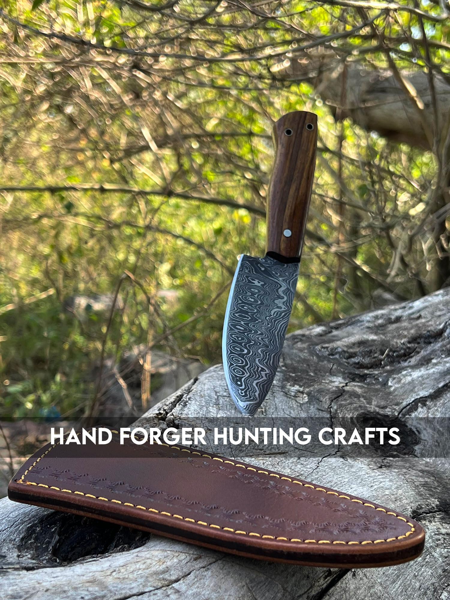 Hand Forger Hunting Crafts 10" Damascus Steel Gut Hook Full Tang Fixed Blade Hunting Knife with Sheath - Stag Horn Antler Handle (Rose Wood)