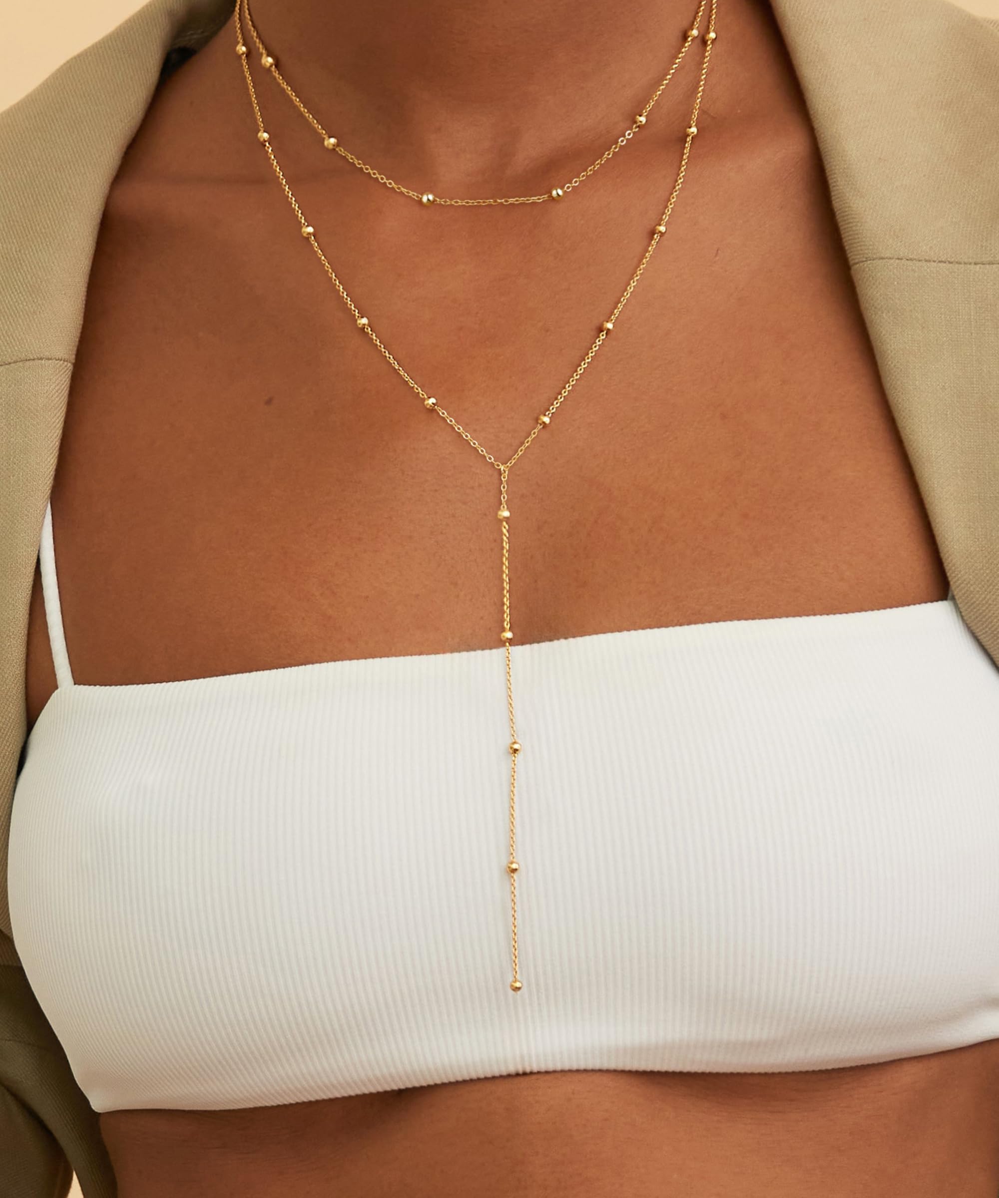 CHESKY Lariat Gold Necklace for Women, Dainty Long Necklace 14k Gold Plated Layered Necklaces Trendy Y-Shaped Bead Pendant Chain Necklace Simple Double Women Gold Necklaces Jewelry Gift Wedding