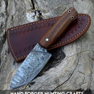 Hand Forger Hunting Crafts 10" Damascus Steel Gut Hook Full Tang Fixed Blade Hunting Knife with Sheath - Stag Horn Antler Handle (Rose Wood)