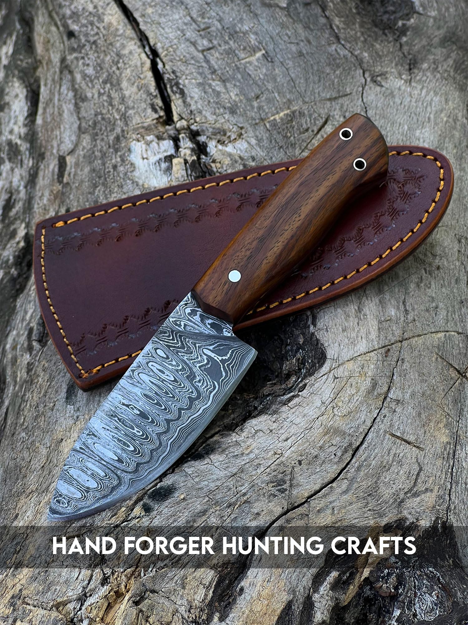 Hand Forger Hunting Crafts 10" Damascus Steel Gut Hook Full Tang Fixed Blade Hunting Knife with Sheath - Stag Horn Antler Handle (Rose Wood)