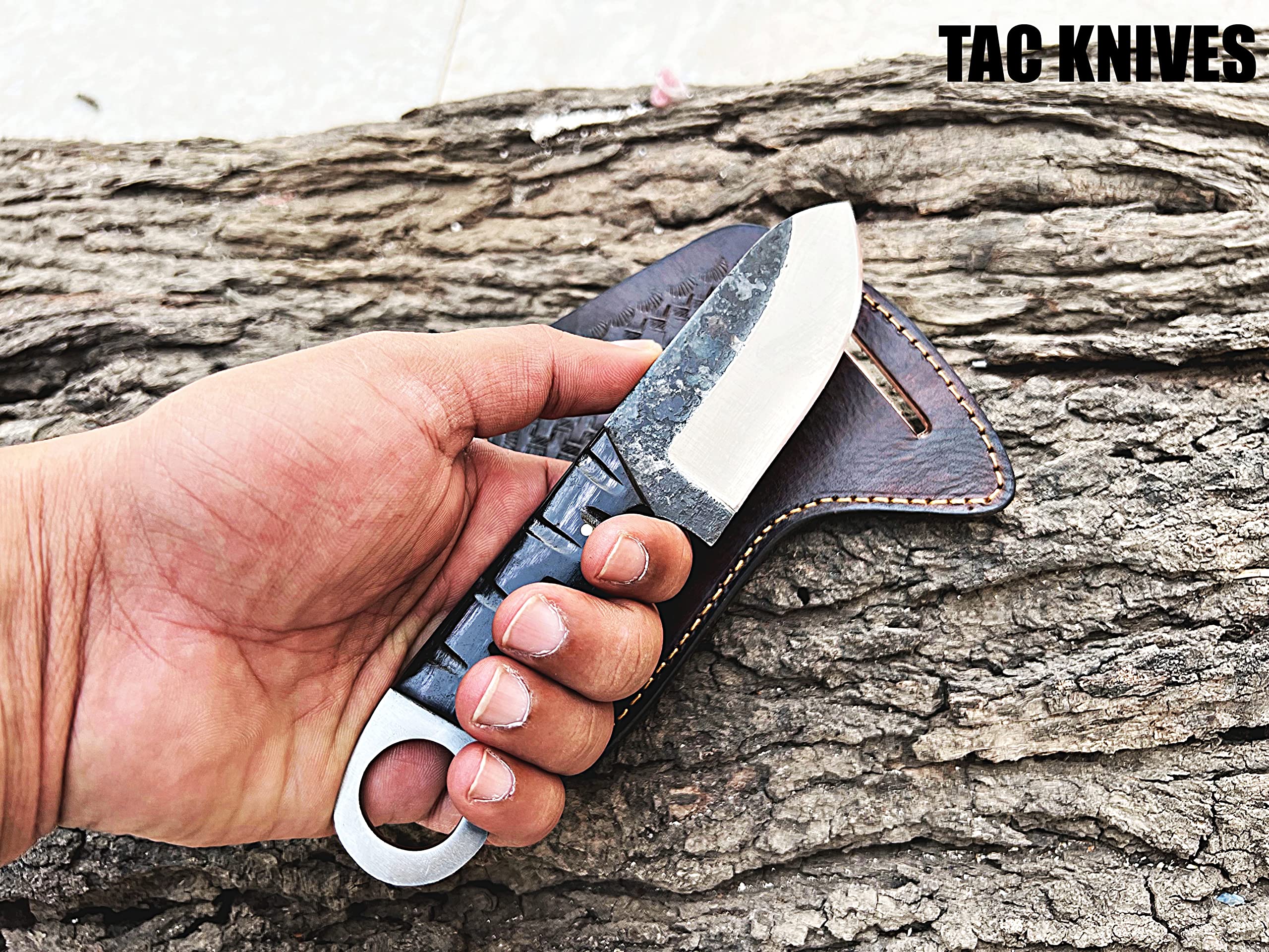 TAC KNIVES 7'' Full Tang Fixed Blade Outdoor Camping Hunting Knife In Sheath Gift For Him | 1095 High Carbon Steel Knife | Bushcraft Survival Knife Gift | Cowboy knives | Pancake leather sheath (BLACK)