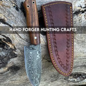 Hand Forger Hunting Crafts 10" Damascus Steel Gut Hook Full Tang Fixed Blade Hunting Knife with Sheath - Stag Horn Antler Handle (Rose Wood)