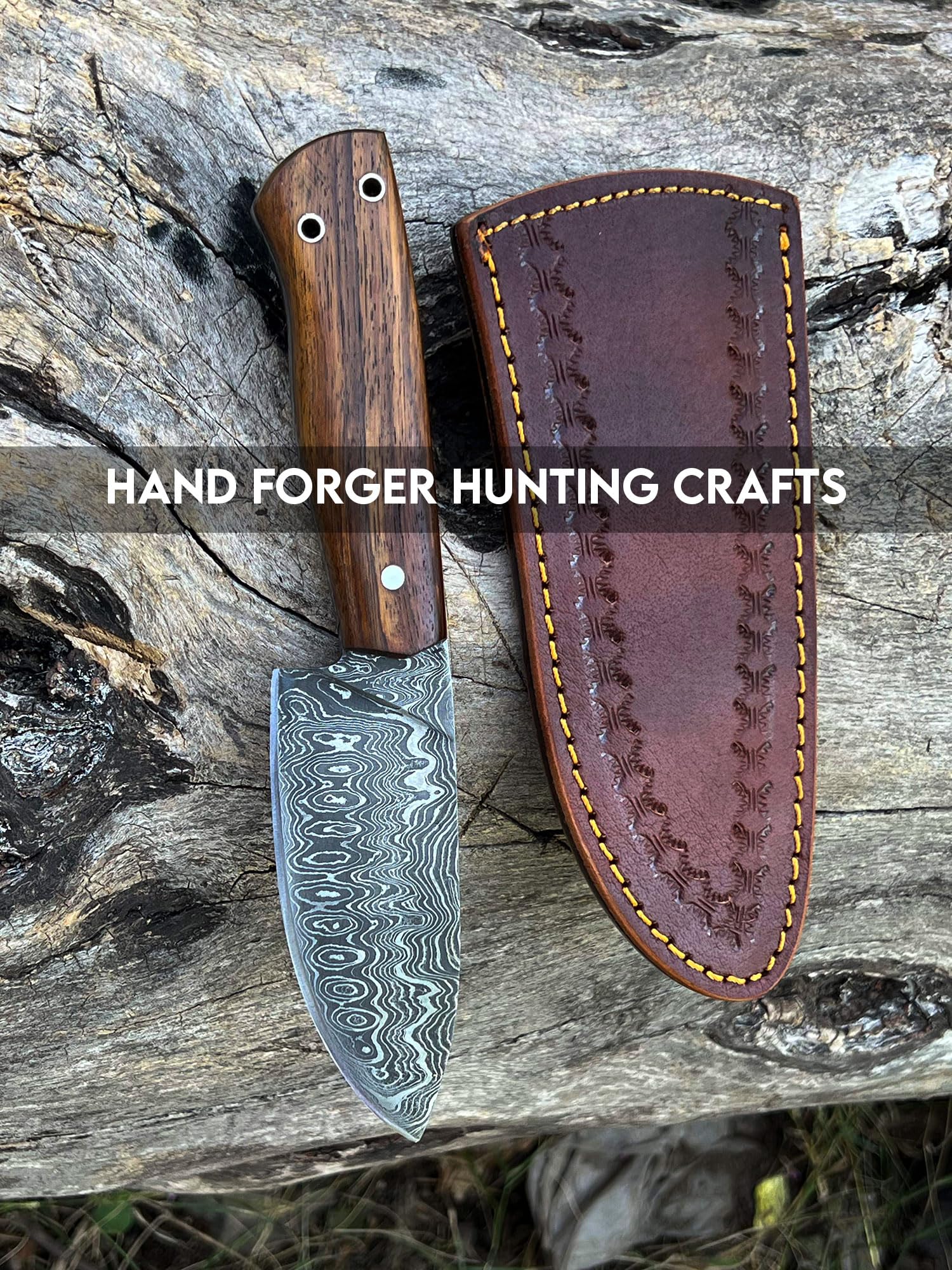 Hand Forger Hunting Crafts 10" Damascus Steel Gut Hook Full Tang Fixed Blade Hunting Knife with Sheath - Stag Horn Antler Handle (Rose Wood)