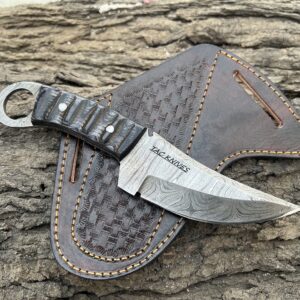 TAC Knives - Bushcraft Survival Knife12T27 Damascus Steel Fixed Blade outdoor Knife- Pakka Wood Handle - Pancake Leather Sheath - Traditional Field Knife for Camping Knife, Fishing, Hunting Knife, Men & Women - EDC Knife to Carry on Belt- (BLACK)