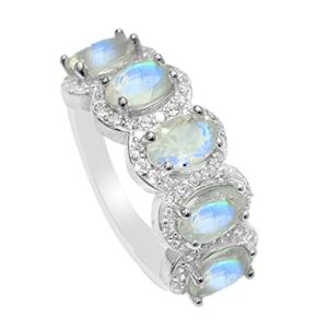 925 Sterling Silver Natural Blue Fire Rainbow Moonstone Ring Statement Ring June Birthstone Wedding Jewelry Proposal Ring Engagement Gift For Girlfriend Gift For Her (Sterling Silver, 9.25 US)