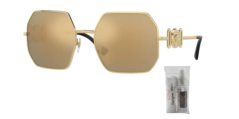 Versace VE2248 10027P 58MM Gold/Brown Mirror Gold Hexagonal Sunglasses for Women + BUNDLE With Designer iWear Eyewear Kit