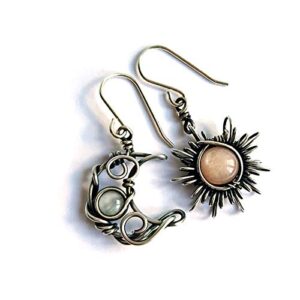 boho opal sun and moon drop dangle earrings moonstone natural stone hook bohemian for women asymmetrical antiqued silver celestial jewelry-opal red