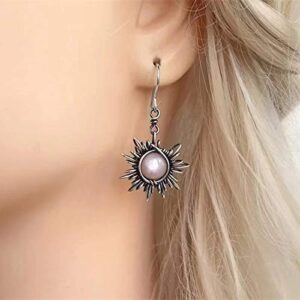 Boho Opal Sun and Moon Drop Dangle Earrings Moonstone Natural Stone Hook Bohemian for Women Asymmetrical Antiqued Silver Celestial Jewelry-Opal Red