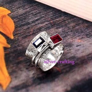 Red Mozambique Ruby & Blue Sapphire Ring Emerald Cut Gemstone ring Meditation Spinner ring Spinning Fidget ring Jewelry (9.5)