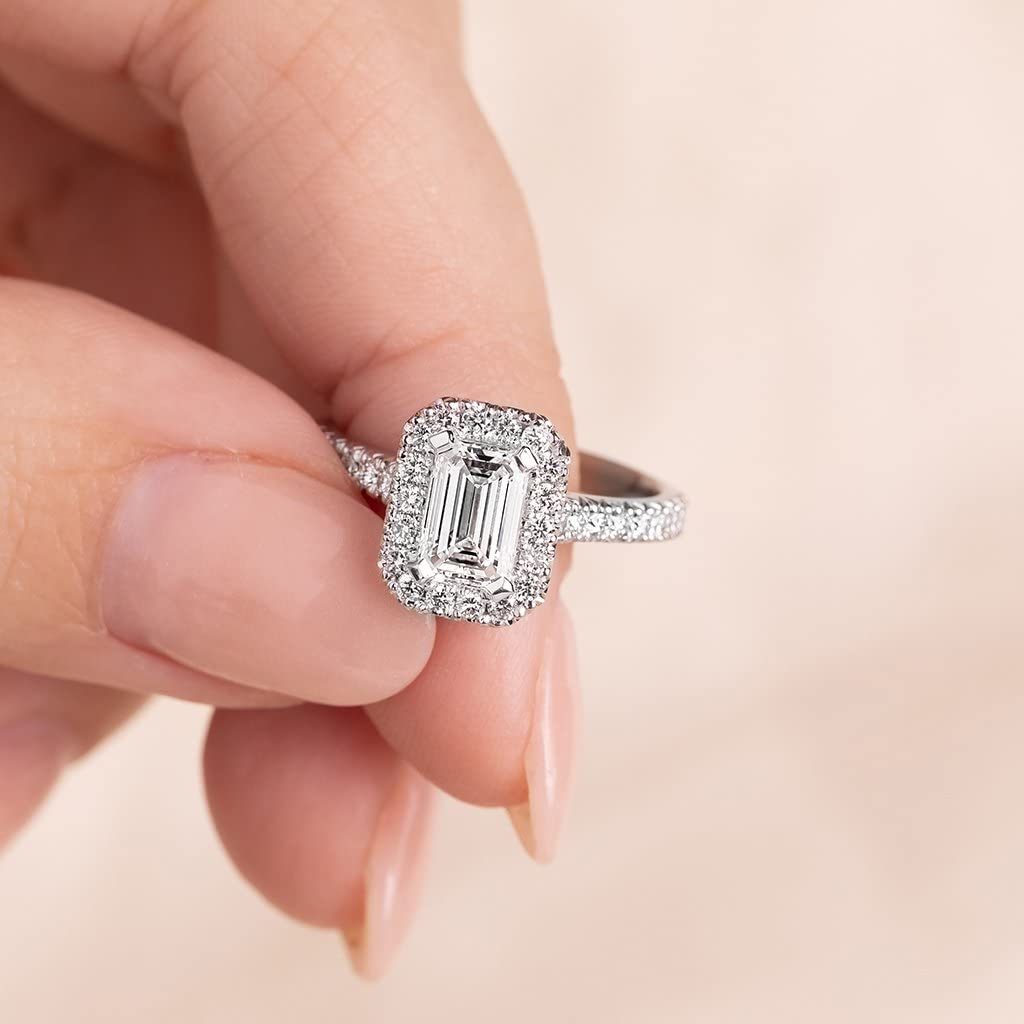 Emerald Cut Engagement Rings for Women White Gold 1.00 Carat Moissanite Halo Engagement Ring 10K 14K 18K Gold Platinum Plated Silver Anniversary Promise Wedding Rings with Text Engraving Size 4-12(14K)