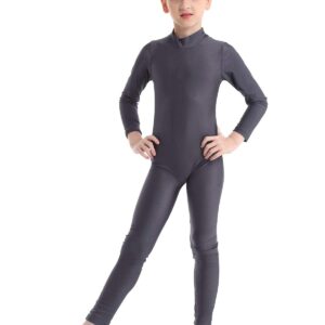 JEATHA Kids Girls Classic Long Sleeves Full Body Gymnastics Exercise Unitard Sports Leotard Bodysuit Costumes Dark Gray 13-14