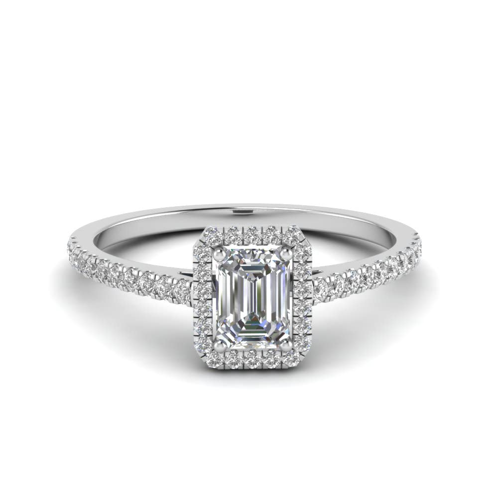 Emerald Cut Engagement Rings for Women White Gold 1.00 Carat Moissanite Halo Engagement Ring 10K 14K 18K Gold Platinum Plated Silver Anniversary Promise Wedding Rings with Text Engraving Size 4-12(14K)