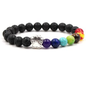 2Pcs 7 Chakra Lava Rock Dog Paw Beaded Bracelet Set for Women Men Natural Stone Tiger Eye Essential Oil Diffuser Stretchy Bracelet Yoga Meditation Jewelry Gift-A black white