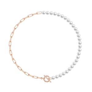 mjartoria pearl choker necklace, 14k gold plated paperclip chain necklace for women, toggle clasp, dainty half pearl half chain necklace trendy jewelry birthday gifts