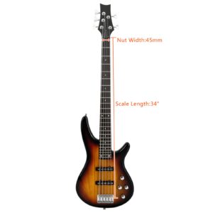 Ktaxon 5 String Electric Bass Guitar, Full Size Standard Right Handed Rosewood Fretboard Bass Kit with Strap, Cable, Pick, Wrench Tool (Sunset)