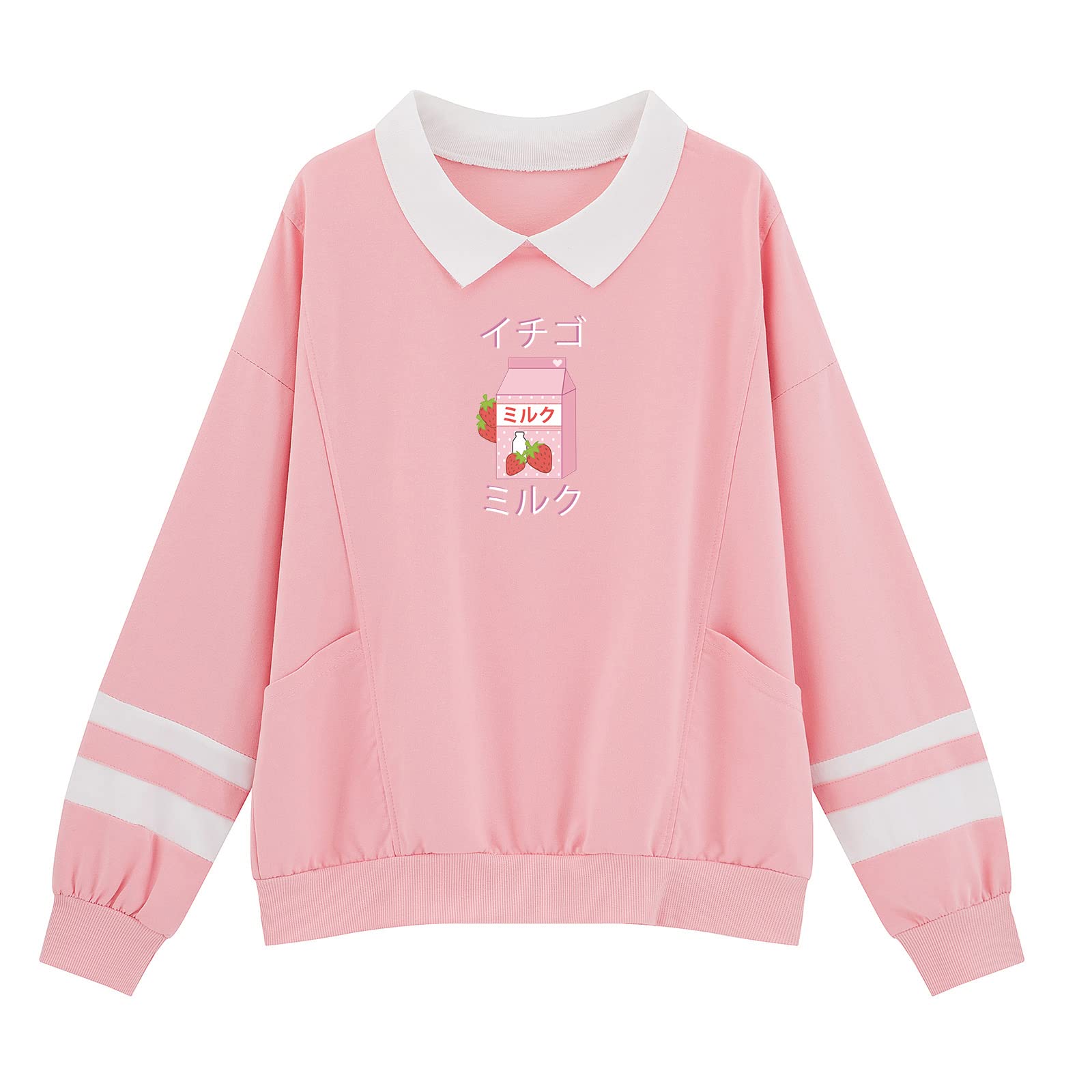 Weetiotio Cute Strawberry Milk Graphic Oversized Sweatshirts for Teen Girls Aesthetic Hoodies Collar Striped Women Pullover (Pink,S,Small)