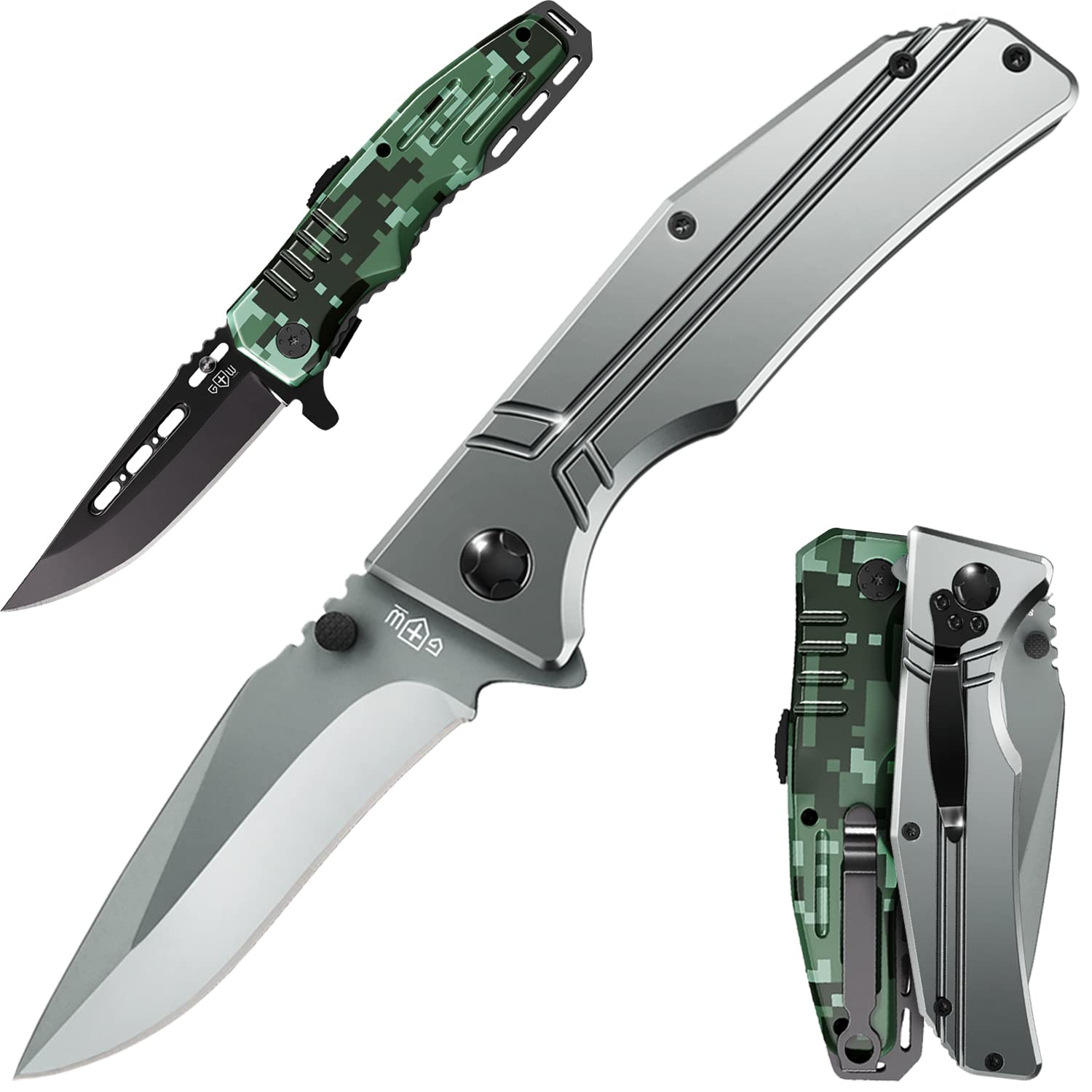 Bundle of 2 Items - Pocket Folding Knife - Military Style - Folding Knives - Tactical Knife - 3,5" Blade Pocket Knife - Sharp Folding Knives for Men Women - Gray EDC Knife with Pocket Clip - Gifts