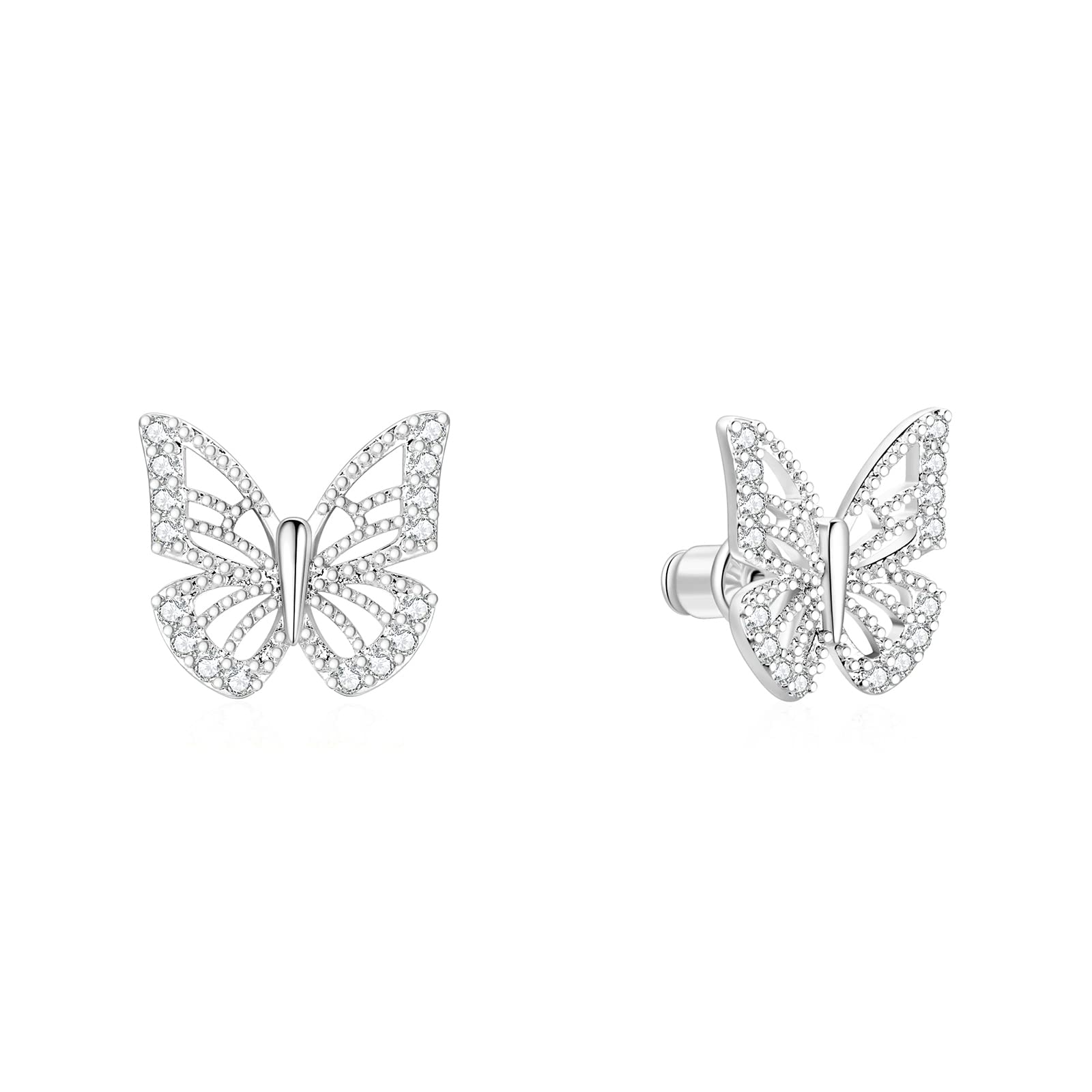 Lulii Butterfly Earrings Silver Butterfly Stud Earrings Sterling Silver Plated CZ Earrings for Women