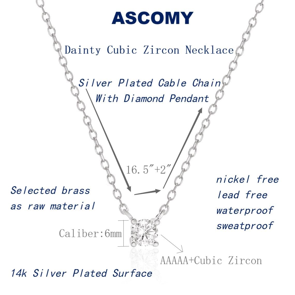 ASCOMY Dainty Silver Square Cubic Zirconia Solitaire Pendant Necklaces for Women Tiny Single Sparkly CZ Simulated Diamond Necklace Simple Shinning Bride Bridesmaids Weeding Jewelry Gifts