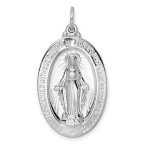 Auriga Fine Jewelry 925 Sterling Silver Rhodium-plated Solid Miraculous Medal Pendant for Women (L- 1.51 Inch, W- 0.79 Inch)