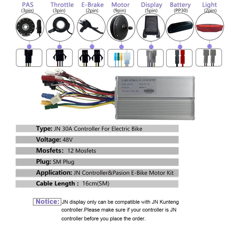 通用 Ebike Parts JN Control System with JN 30A Controller/JN LED S800 Display/Thumb Throttle/PAS/E brakeFor Electric Bike Conversion Kit