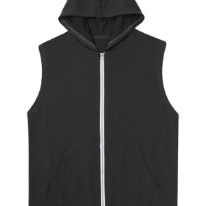 TiaoBug Men's Sleeveless Workout Hoodies Tank Tops Zip-up Hooded Vest Jacket with Kangaroo Pocket Muscle Tees Shirt Black Medium