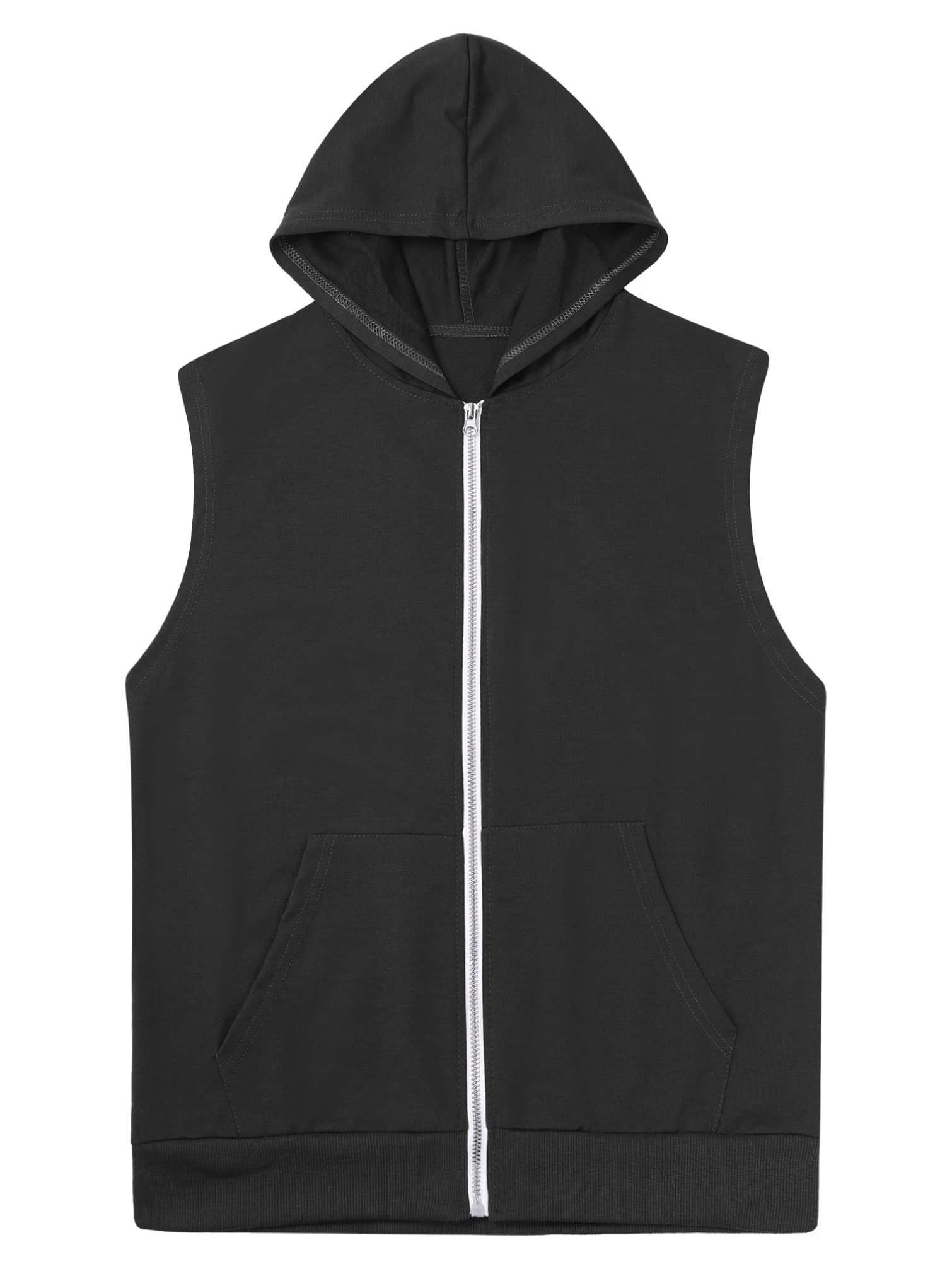 TiaoBug Men's Sleeveless Workout Hoodies Tank Tops Zip-up Hooded Vest Jacket with Kangaroo Pocket Muscle Tees Shirt Black Medium