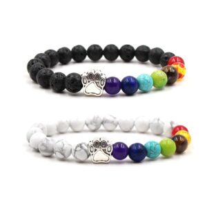 2pcs 7 chakra lava rock dog paw beaded bracelet set for women men natural stone tiger eye essential oil diffuser stretchy bracelet yoga meditation jewelry gift-a black white