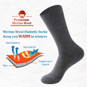 Forcool Men Women Merino Wool Diabetic Crew Non Binding Loose Top Non Blister Cushion Wide Quarter Diabetes Mid Calf Dress Socks, Medium 3 Pairs Dark Gray