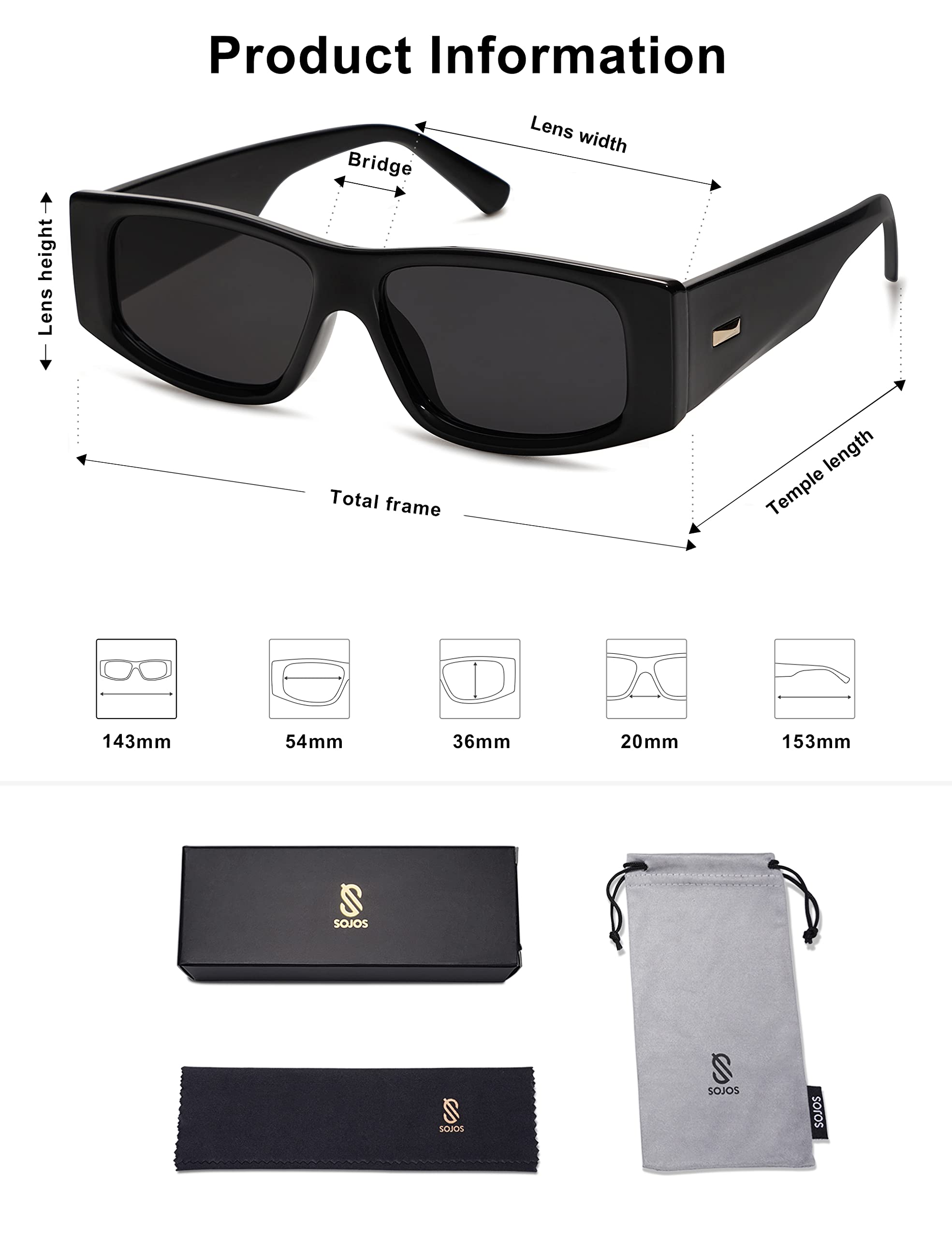 SOJOS Trendy Y2K Polarized Rectangle Sunglasses for Women Men Retro Designer Rave Sunglasses SJ2228, Black/Grey