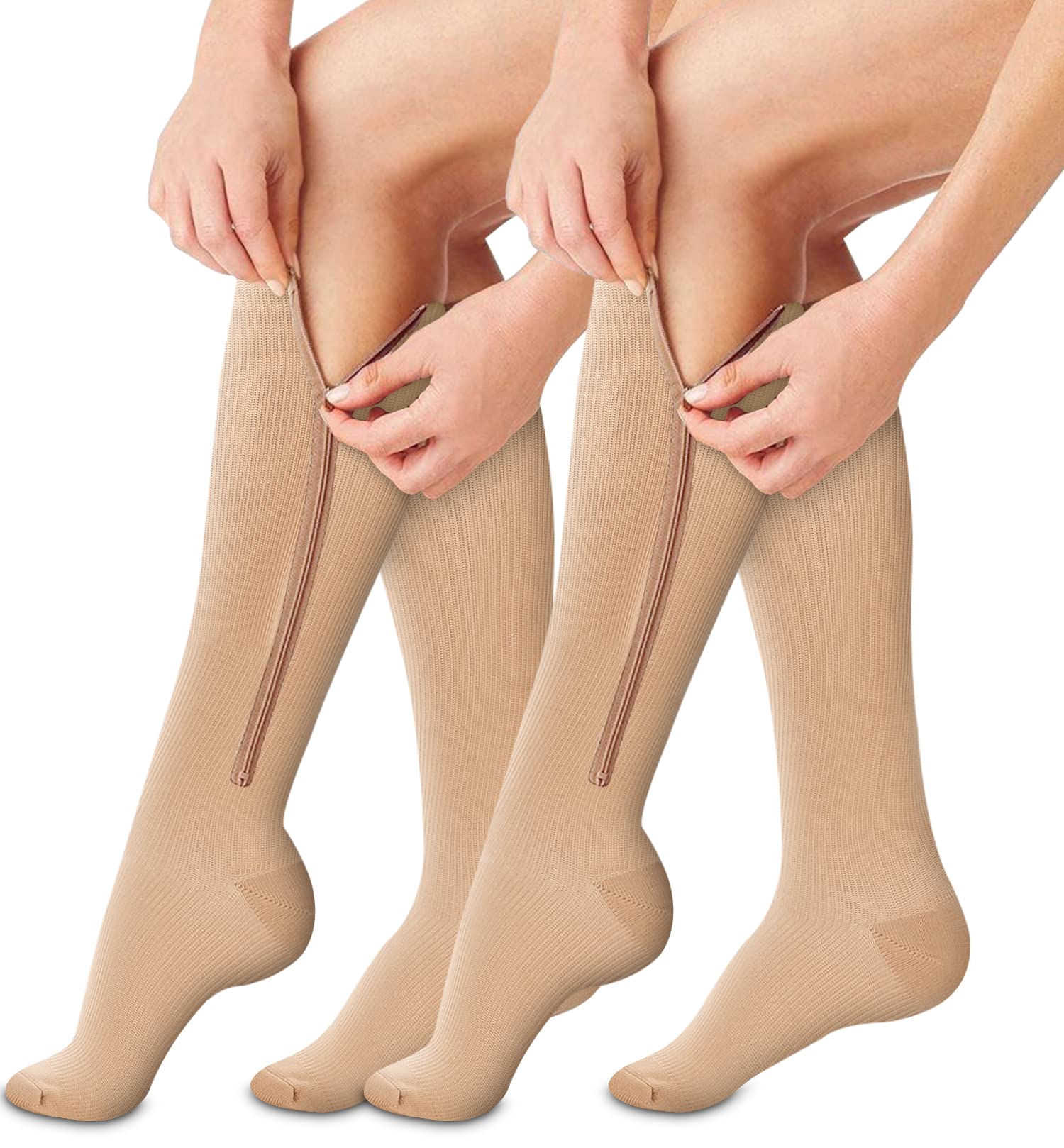 BLUEENJOY Zipper Compression Socks - 2 Pairs 15-20mmHg Open Toe Toeless Compression Socks for Women and Men