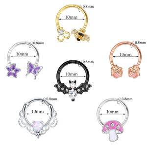 Drperfect 6PCS Septum Jewelry 316L Stainless Steel Septum Rings Horseshoe Daith Earring Hoop 16G Nose Ring Hoop Cute Butterfly Bee Cartilage Tragus Rook Helix Septum Piercing Jewelry for Women