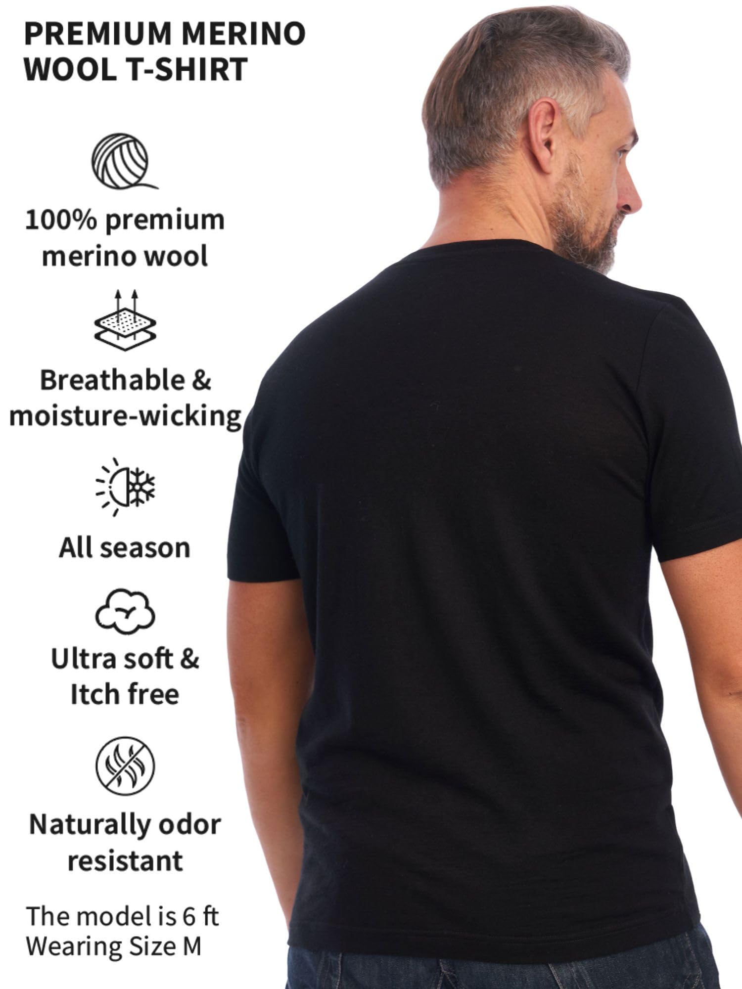 Merino Wool T-Shirt Mens - Short Sleeve Merino Wool Shirts for Men - Sport Merino Lightweight Base Layer Hiking Tshirt (Large, Coal Black)