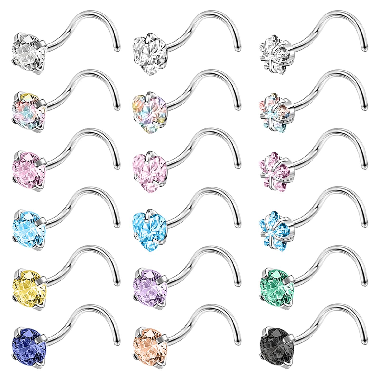 BodyAce 18pcs Stainless Steel Nose Studs Rings, 20 Gauge L Shaped stud Nose Rings for Women, Mix Colors 3mm Diamond CZ Nostril Nose Piercing Jewelry (A:Screw)