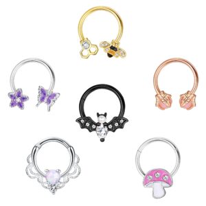 drperfect 6pcs septum jewelry 316l stainless steel septum rings horseshoe daith earring hoop 16g nose ring hoop cute butterfly bee cartilage tragus rook helix septum piercing jewelry for women