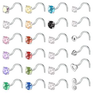 BodyAce 24PCS Surgical Stainless Steel Nose Rings Studs, 20G Nostril Ring Nose Stud for Women Men, Mix Color Diamond CZ Nose Piercing Jewerly (A:Screw)