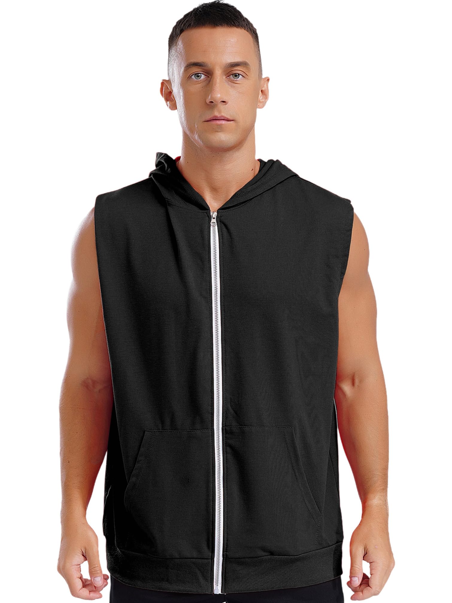 TiaoBug Men's Sleeveless Workout Hoodies Tank Tops Zip-up Hooded Vest Jacket with Kangaroo Pocket Muscle Tees Shirt Black Medium