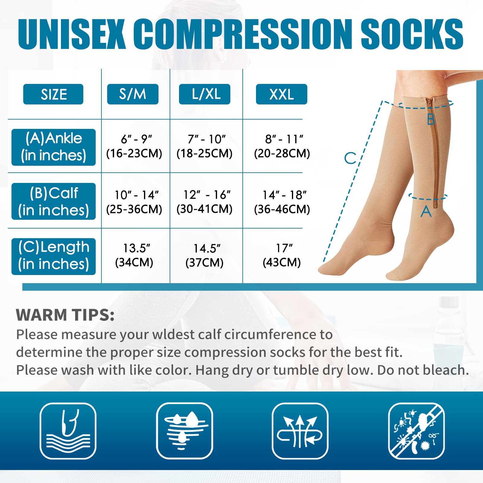 BLUEENJOY Zipper Compression Socks - 2 Pairs 15-20mmHg Open Toe Toeless Compression Socks for Women and Men