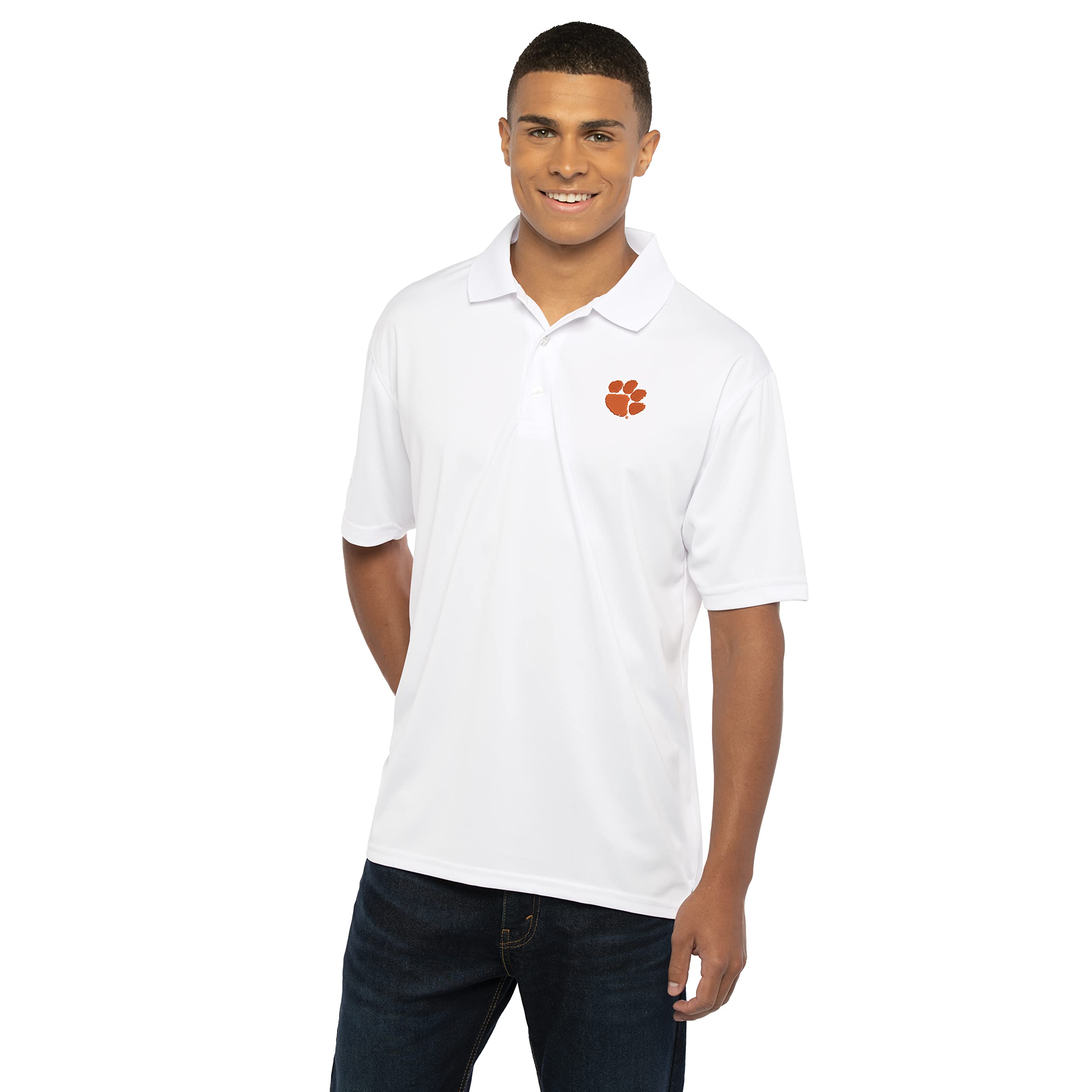 Men's Collegiate Premium Moisture Wicking White Icon Polo, Clemson Tigers, XX-Large