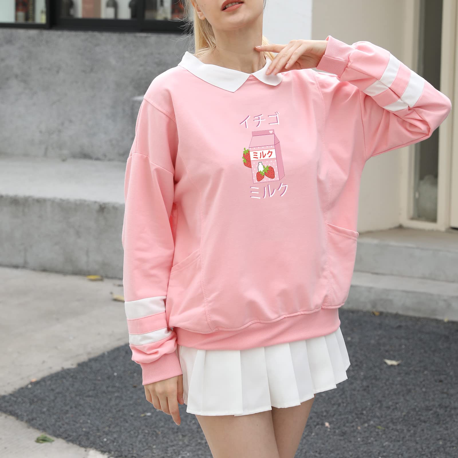 Weetiotio Cute Strawberry Milk Graphic Oversized Sweatshirts for Teen Girls Aesthetic Hoodies Collar Striped Women Pullover (Pink,S,Small)