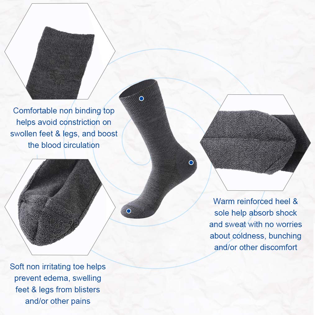 Forcool Men Women Merino Wool Diabetic Crew Non Binding Loose Top Non Blister Cushion Wide Quarter Diabetes Mid Calf Dress Socks, Medium 3 Pairs Dark Gray